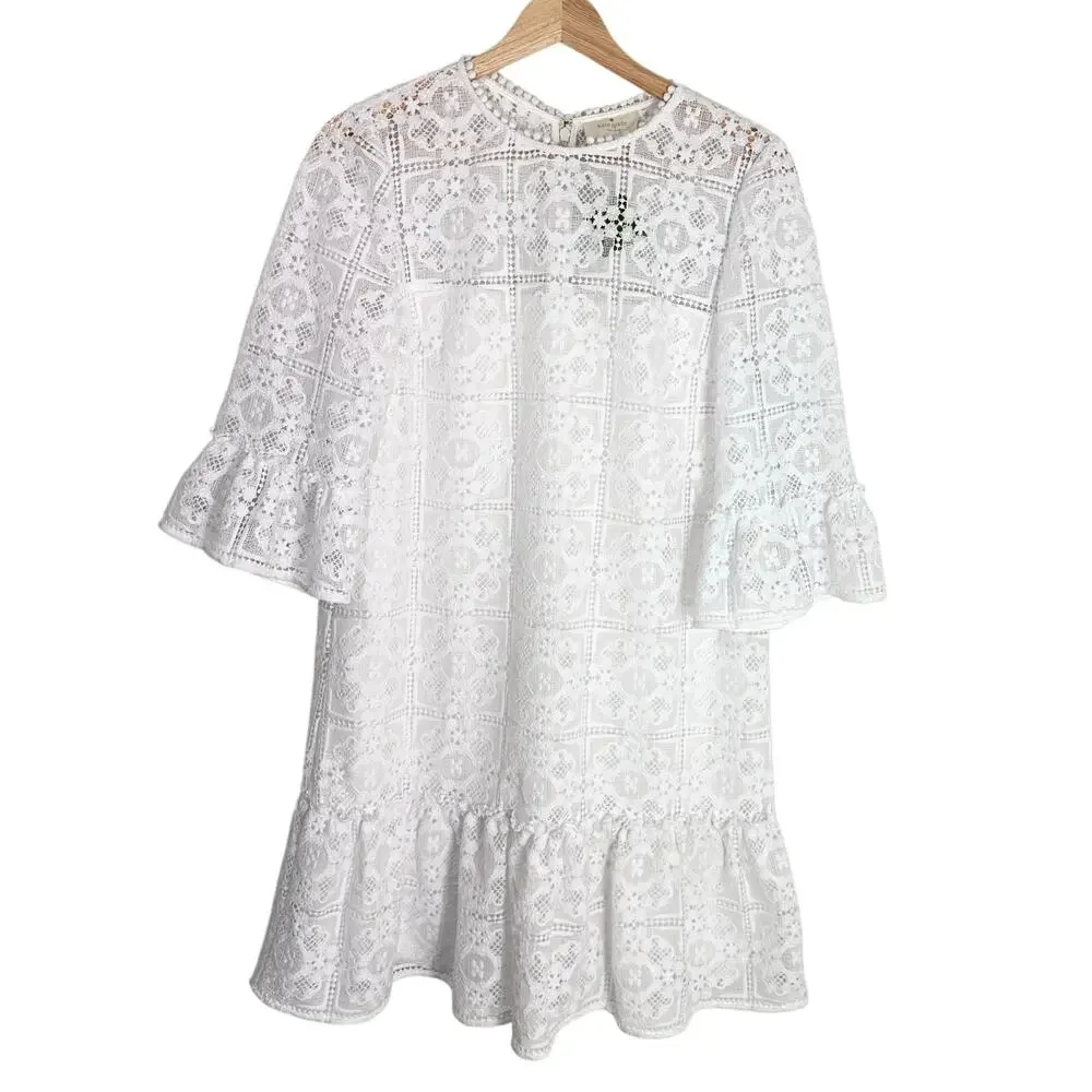 NWT Kate Spade Lace Flounce Shift Dress Crochet | Fresh White | SZ‎ 6